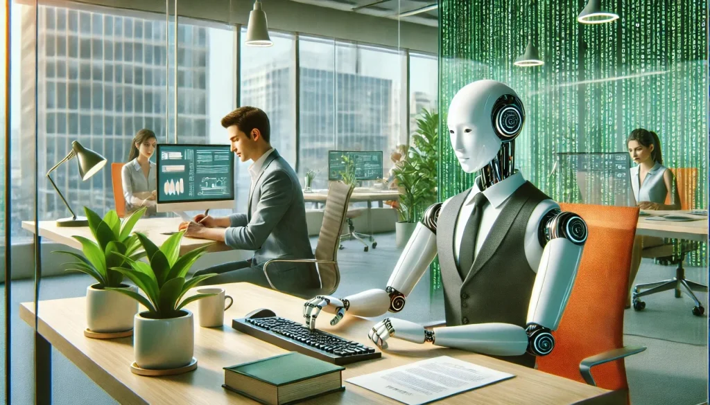 An office setting with a person working at a desk alongside an AI colleague represented by a sleek humanoid robot. The robot is sitting next to the p
