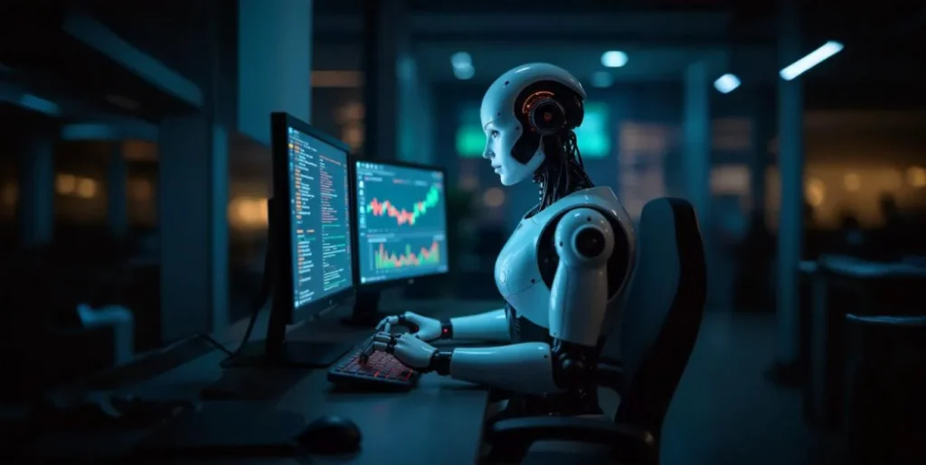 freepik a sophisticated humanoid ai robot in a dark corpor 48217