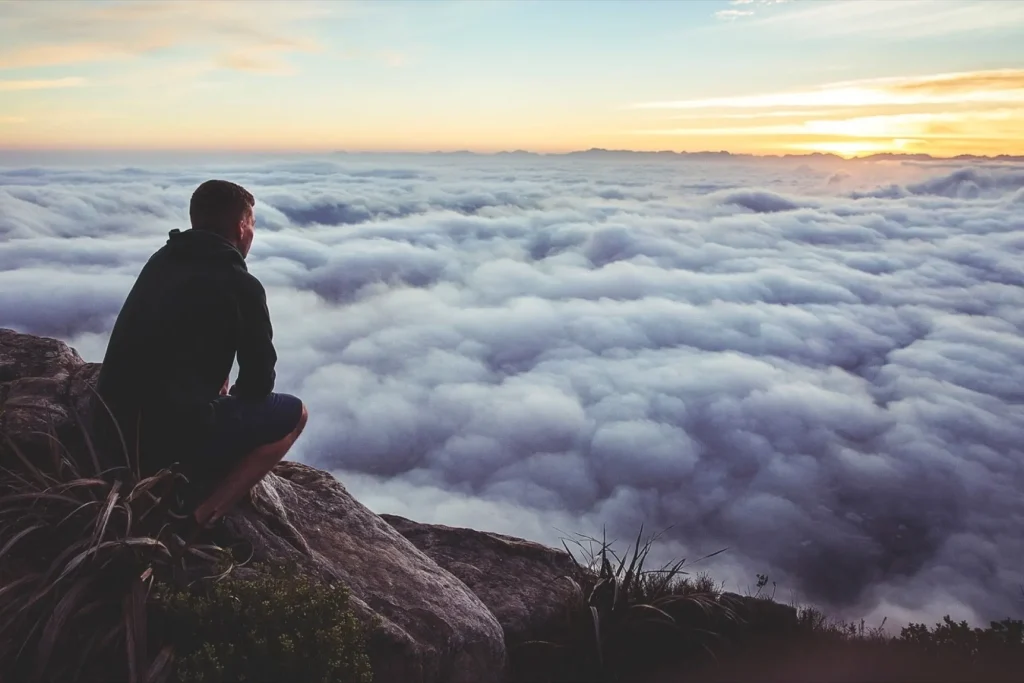20151208175408 man top mountain clouds thinking meditating peace relaxation peak sunset horizon