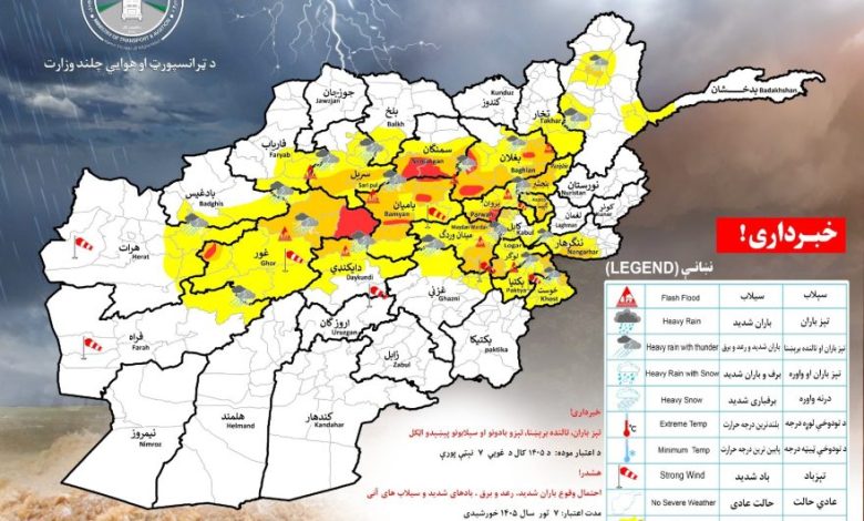 ۲۰ ولایتونو کې د باران اټکل؛ د هواپېژندنې ریاست د سېلابونو خبرداری ورکړ
