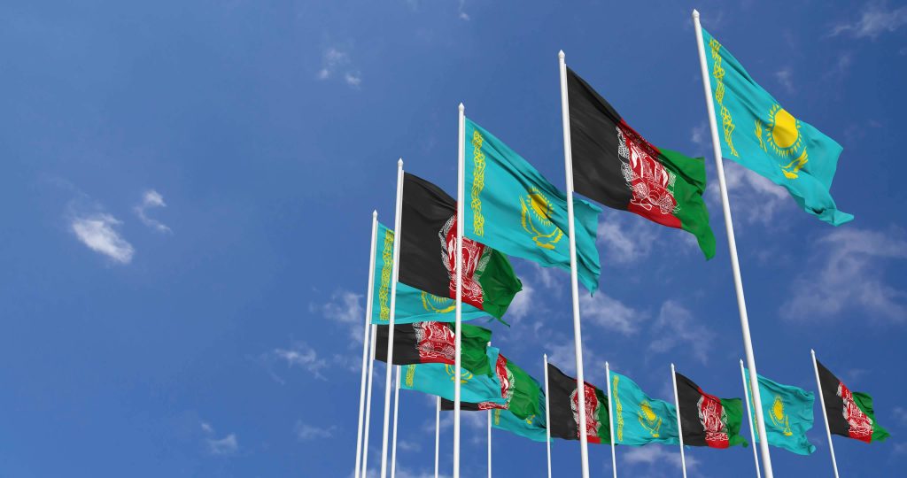 afghanistan and kazakhstan flags waving together in the sky seamless loop in wind space on left side for design or information 3d rendering free video 1