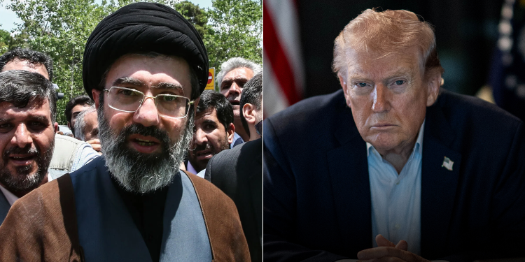 Photo collage of the late Iran Supreme Leader Ali Khameneis Son Mojtaba Khamenei and President Donald Trump. PHOTO Britanicca White House