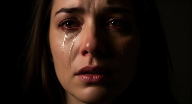 dramatic portrait of crying woman under dim emotional lighting photo