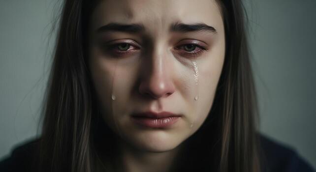 woman crying tears running down her face sadness and grief concept close up photo